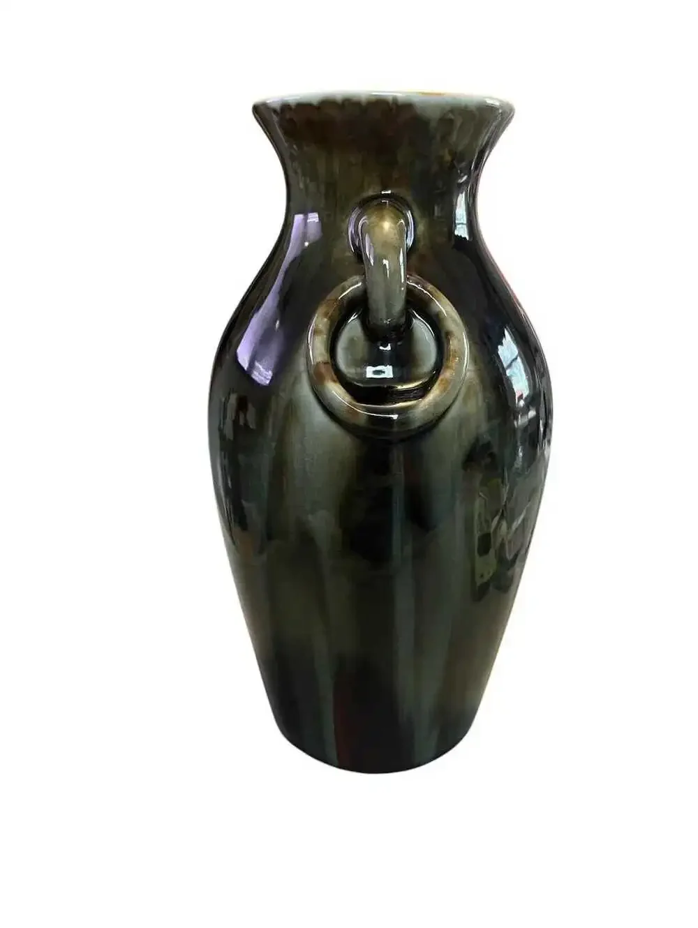 Vintage 10” Drip Glaze Art Pottery with Handles Oxford Red & Green Finish